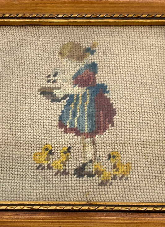 Girl Feeding Chicks Vintage Needlepoint