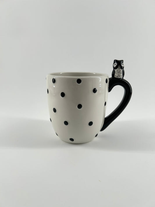 Owl Mugs, Black and White Polka Dot