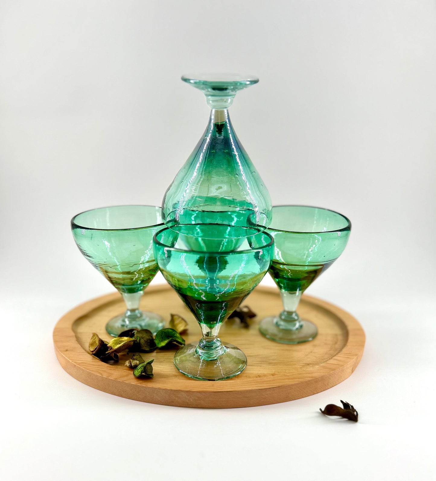 Hand Blown Mexico Coupe Glasses, Iridescent Green