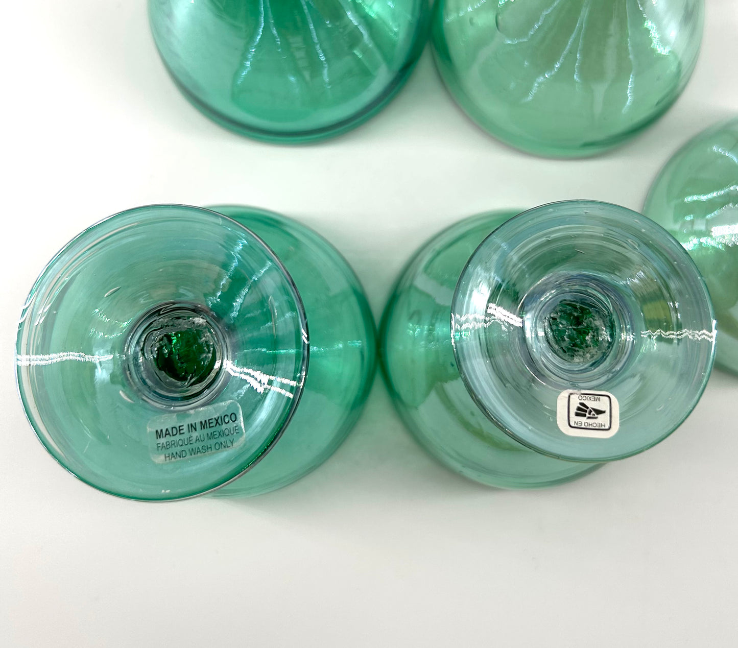 Hand Blown Mexico Coupe Glasses, Iridescent Green