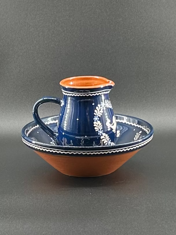 Vintage Eastern-European Redware Pottery Pitcher and Basin Set