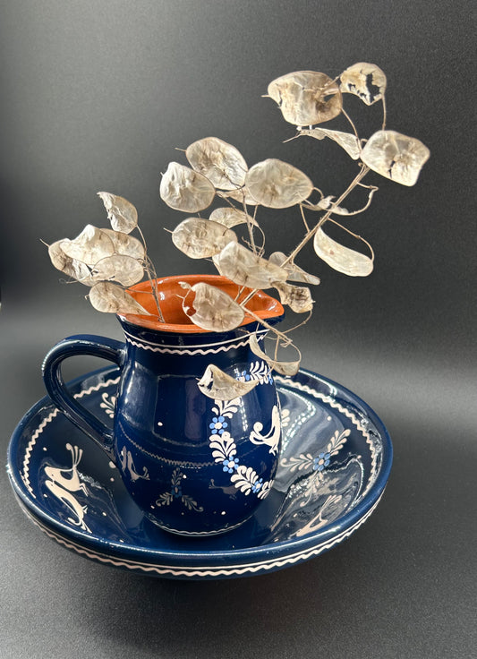 Vintage Eastern-European Redware Pottery Pitcher and Basin Set