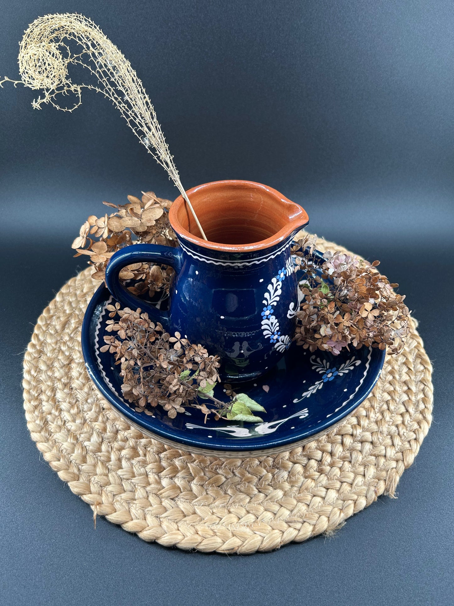 Vintage Eastern-European Redware Pottery Pitcher and Basin Set