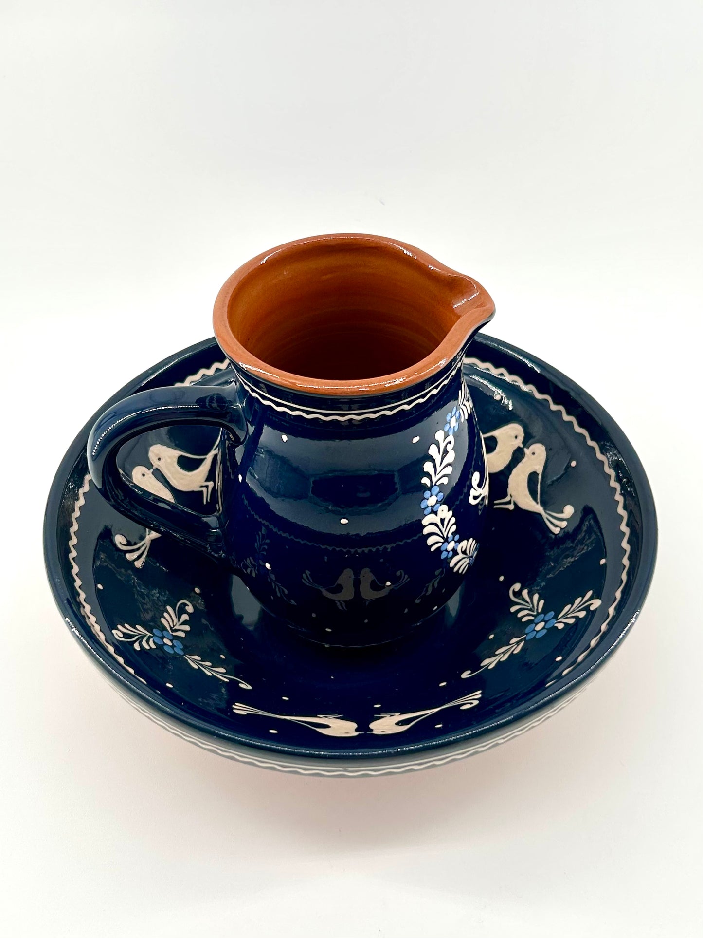 Vintage Eastern-European Redware Pottery Pitcher and Basin Set