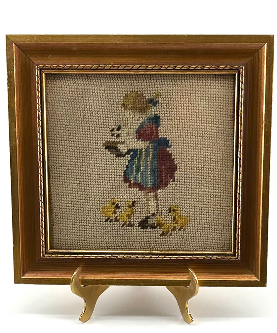 Girl Feeding Chicks Vintage Needlepoint