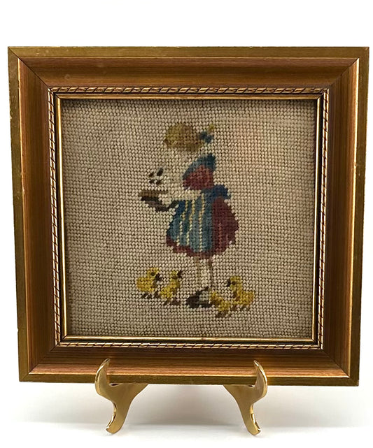 Girl Feeding Chicks Vintage Needlepoint