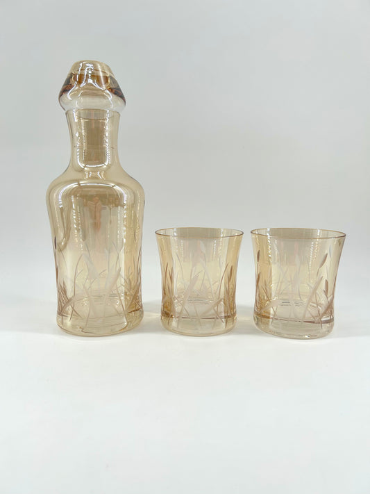 Etched Cut to Clear Art Glass Decanter Set