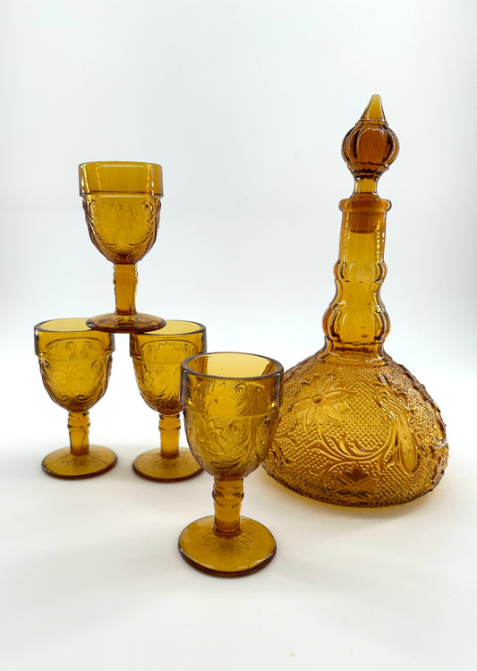 Vintage Tiara/Indiana Sandwich Glass Decanter Set in Amber