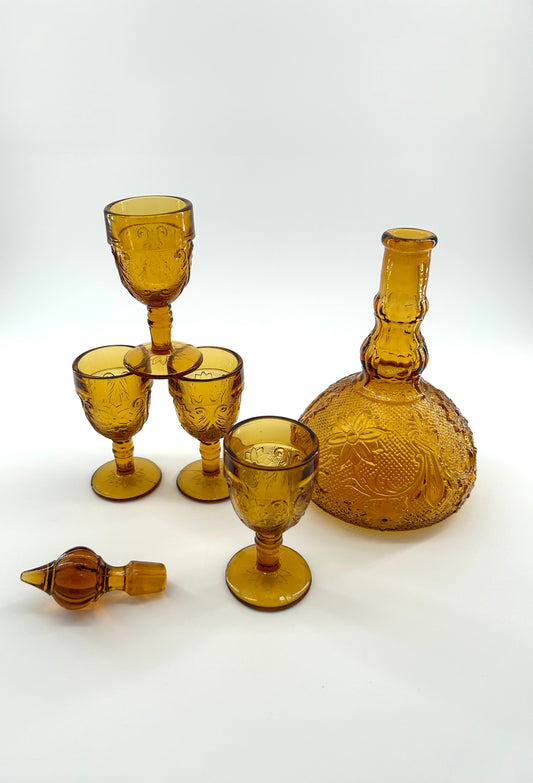 Vintage Tiara/Indiana Sandwich Glass Decanter Set in Amber