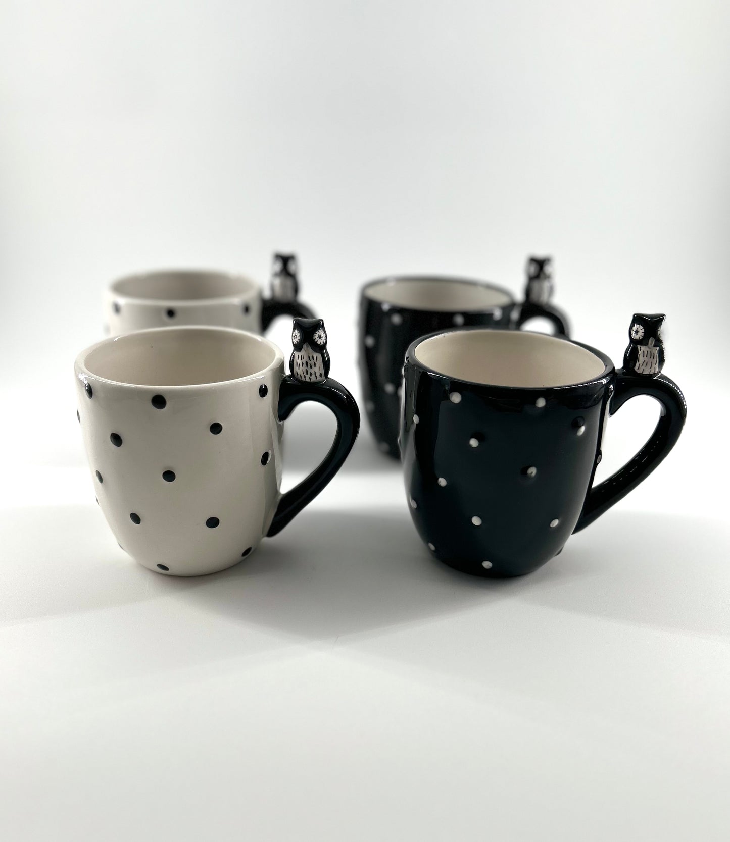 Owl Mugs, Black and White Polka Dot