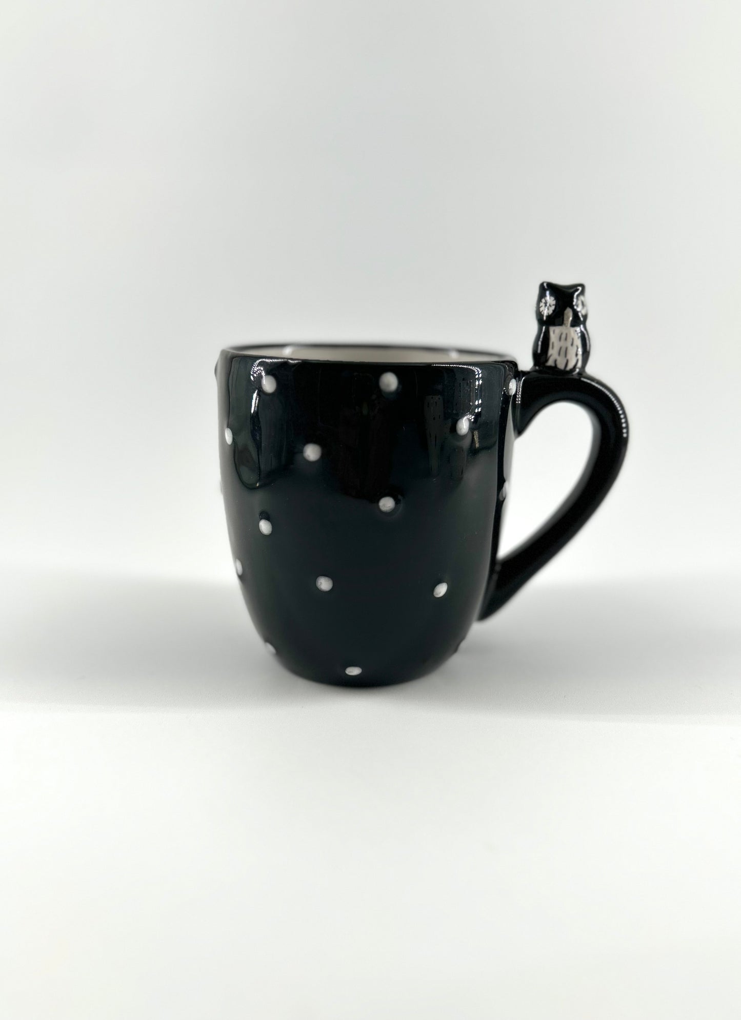 Owl Mugs, Black and White Polka Dot