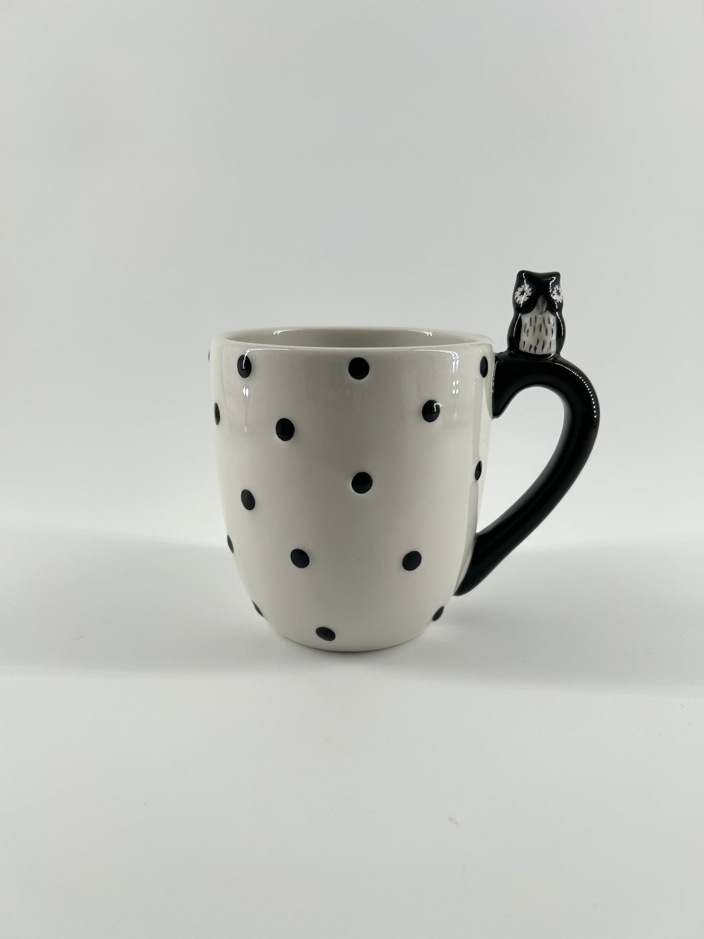 Owl Mugs, Black and White Polka Dot