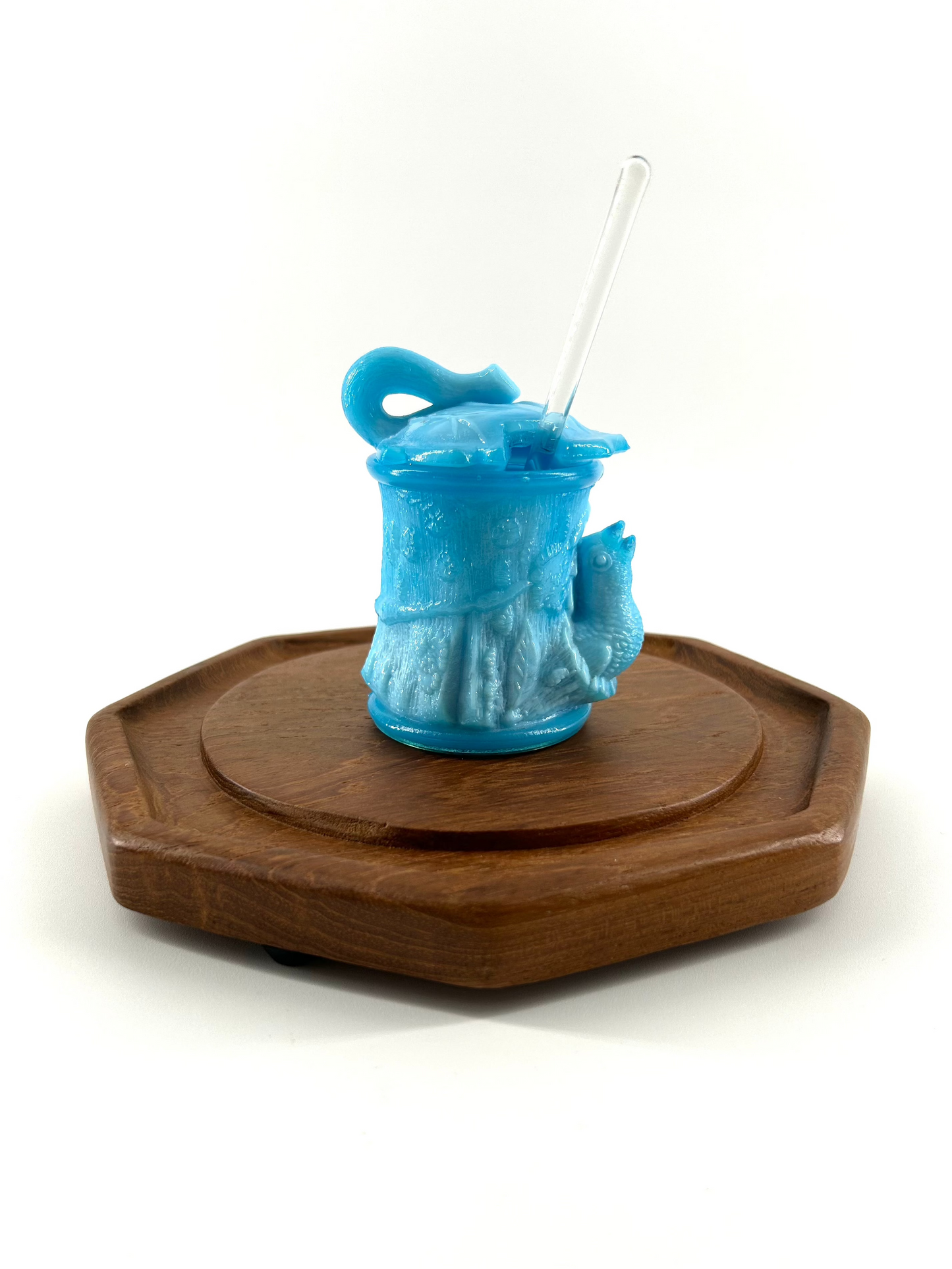 Blue Slag Glass Bird in Nest Mustard Jar w/ Spoon