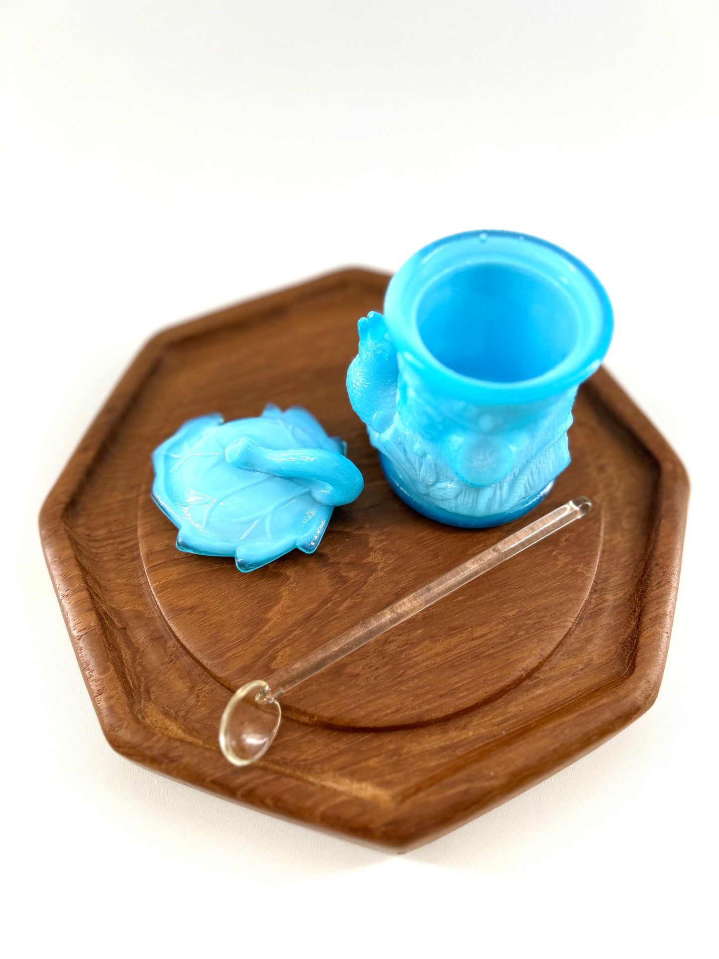 Blue Slag Glass Bird in Nest Mustard Jar w/ Spoon