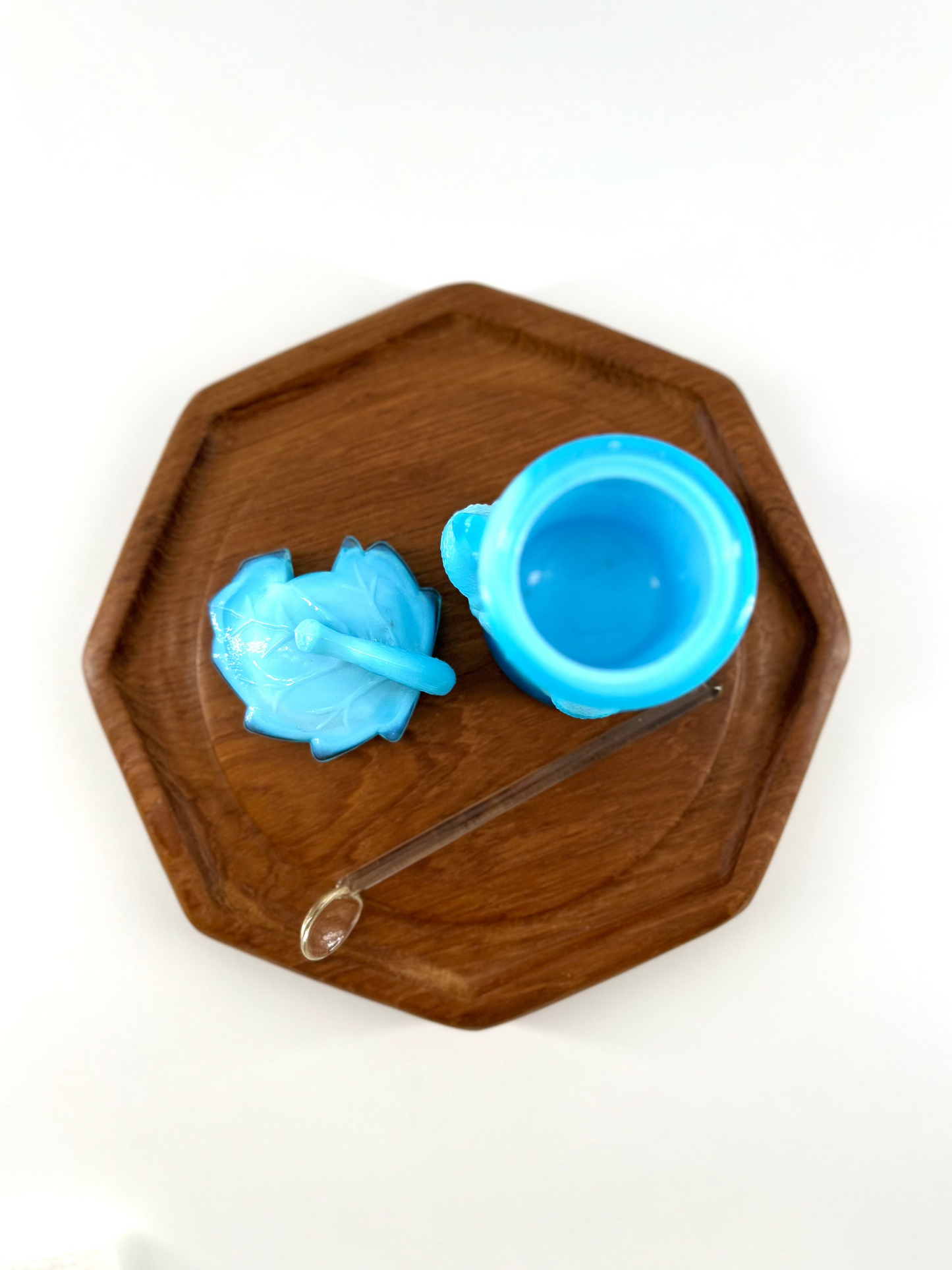 Blue Slag Glass Bird in Nest Mustard Jar w/ Spoon